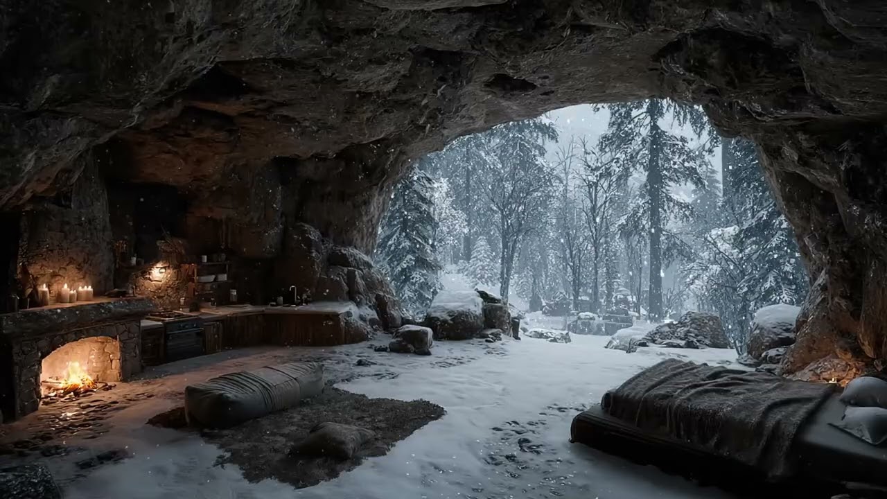 Cozy Cave Campfire at Night 🌙 Snowfall, Fireplace & Mountain Sounds for Deep Sleep
