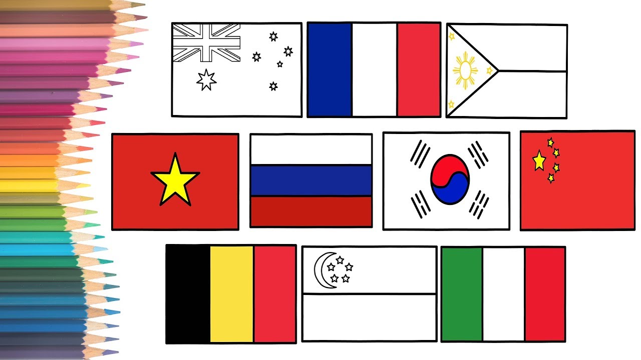How to Draw & Colour Book Page for Kids  - 10 Nation Flag