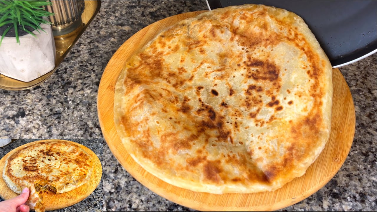 مسمن او ملوي محشي في المقلاة بحجم كبييير😍عجين مورق ومقرمش في نفس الوقت حشوة بسيطة لذيذة متشبعوهاشي