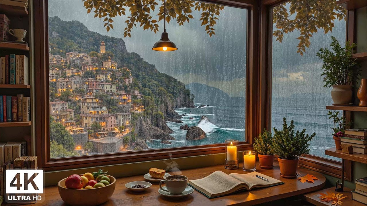 Rainy Positano Caf&eacute; with Window View ☕ Soft Piano Jazz for Study, Work, Autumn Night Focus & Calm