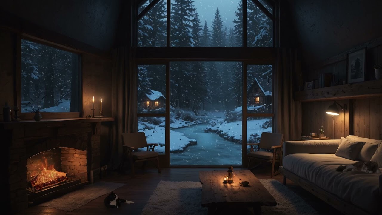 Cozy Winter Evening by the Fire | Relaxing Music & Snowfall | Perfect for Sleep and Study Background