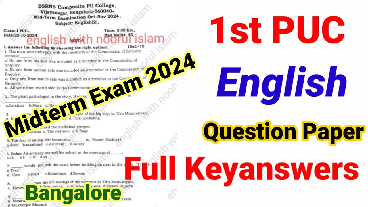 1st PUC English Midterm Question Paper 2024 Keyanswers Kseab