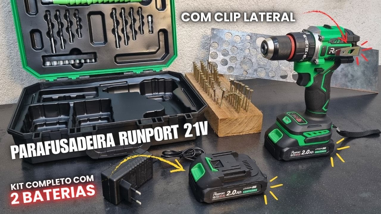 Parafusadeira RUNPORT 21V – Kit Completo com 2 Baterias + Clip Lateral | Unboxing e Teste | F21-BCE
