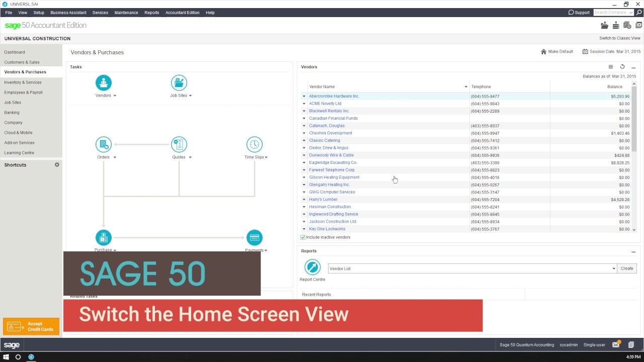 Sage 50 -  How to Switch Home Screen View