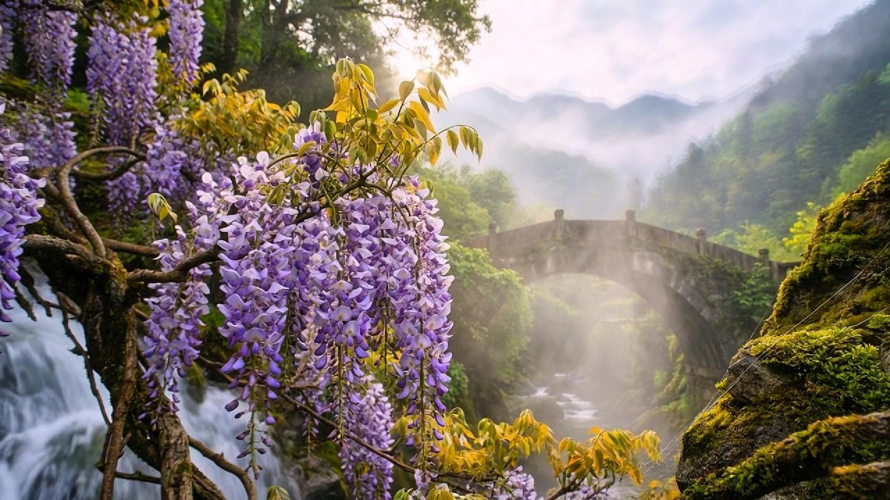Enchanted Wisteria Waterfall: Deep Focus Relaxing Nature Ambience
