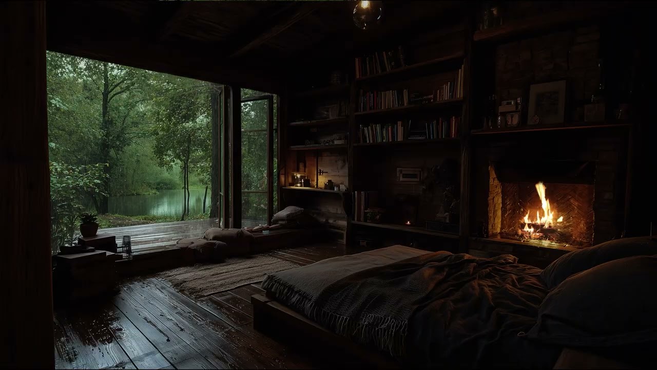 Unwind with Rain Sounds🔥🌧️ Lakeside Cabin & Fireplace Ambience to Sleep Better