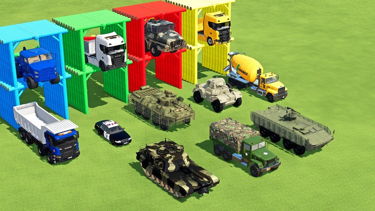 TRANSPORTING MILITARY TRUCK, FIRE TRUCK, FIRE DEPARTEMENT, FORD POLICE, AMBULANCE WITH TRUCKS ! FS22