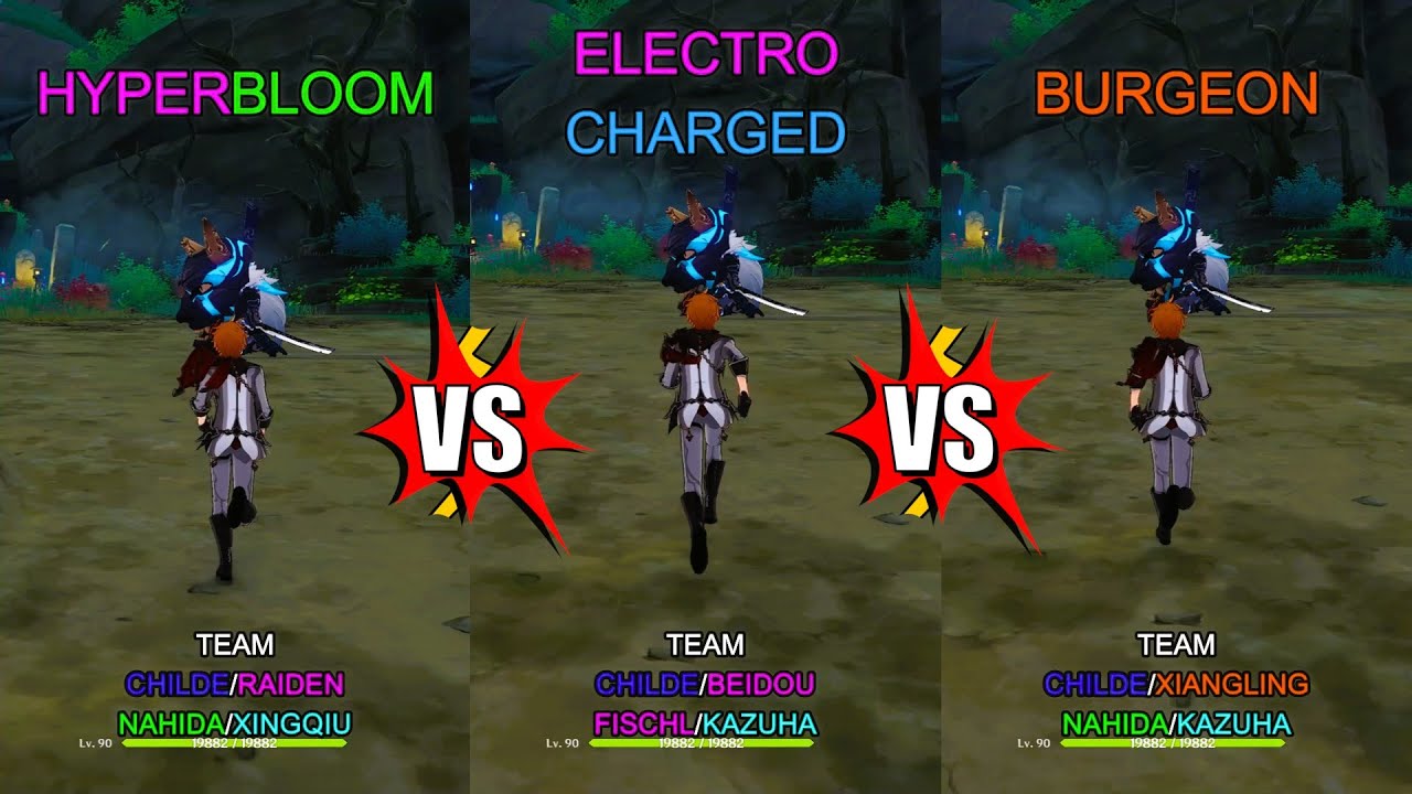 Childe Hyperbloom vs Childe Burgeon vs Childe Electro Charged! Team Comp Gameplay Comparison