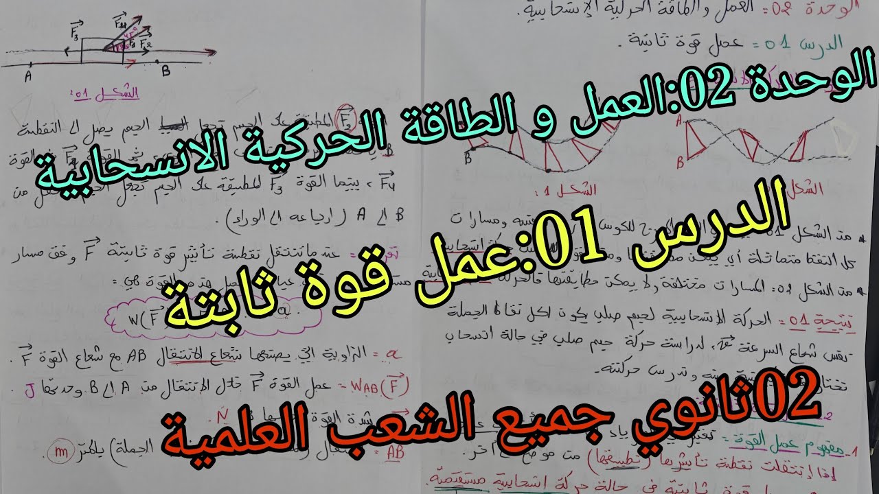 الوحدة 02:العمل و الطاقة الحركية الانسحابية/الدرس 01:عمل قوة ثابتة للسنة الثانية ثانوي جميع الشعب ع