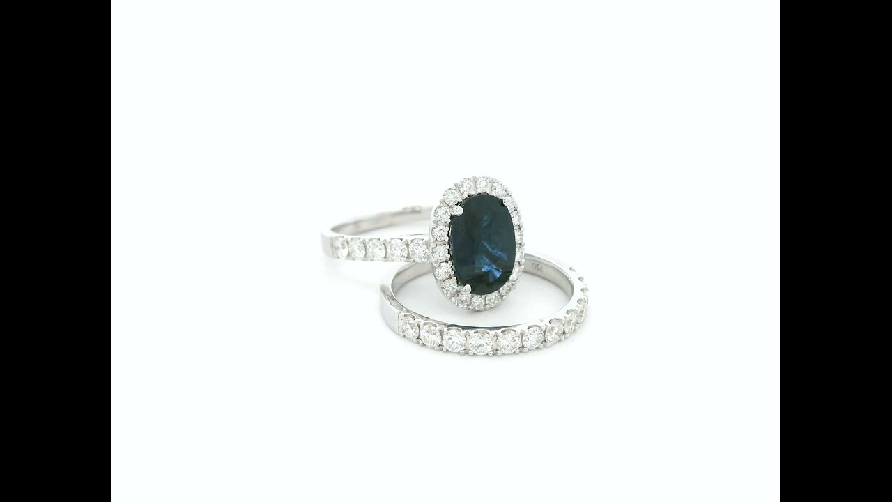 Blue Sapphire & Diamond Bridal Ring Set in 18K White Gold