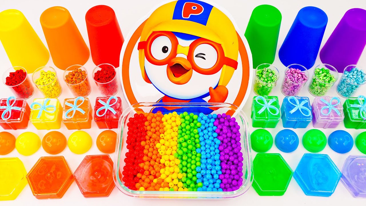 ASMR Pororo Slime mezclando cuentasde arco&iacute;ris,desempaquetando juguetes y cosas al azar enSlime
