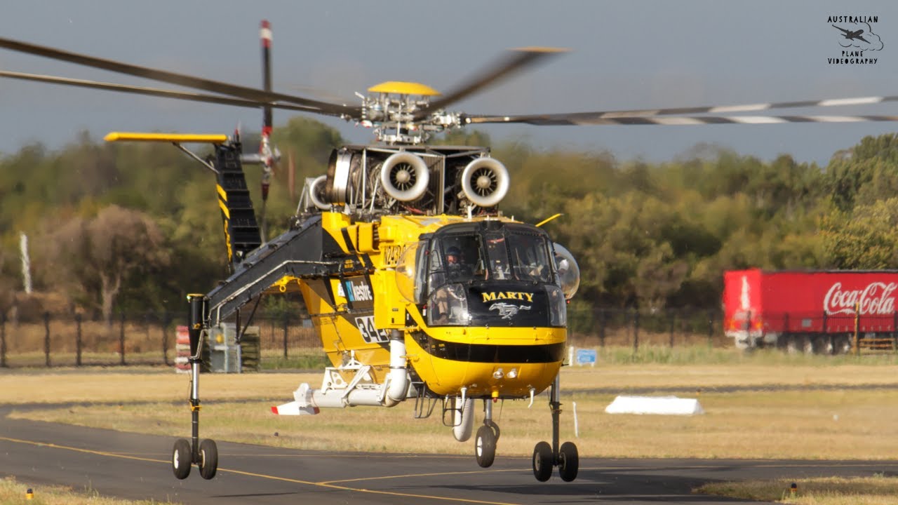 [4K] Close up S-64E Skycrane Landing at Moorabbin [YMMB/MBW] after fighting Bushfires