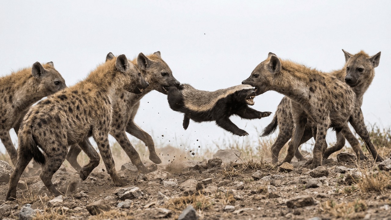 Honey Badger Sprinting for Its Life with a Hyena Pup