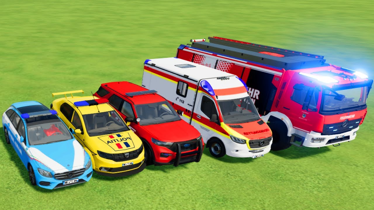 TRANSPORTING POLICE CARS, AMBULANCE, FIRE TRUCK, COLORFUL CARS WITH TRUCK -FARMING SIMULATOR 22!