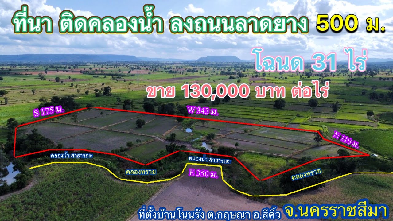 ที่ดิน โคราช no.522 ขายที่นา ติดคลองน้ำ ลงจากถนนลาดยาง 500 ม. โฉนดครุฑแดง ขาย 130,000 บาท ต่อไร่