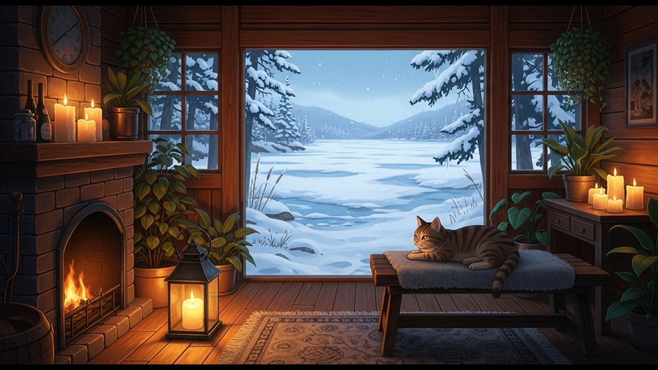 Warm Fireplace Winter Ambience with Falling Snow 🌨️ Deep Sleep Lofi for Calm, Study & Rest