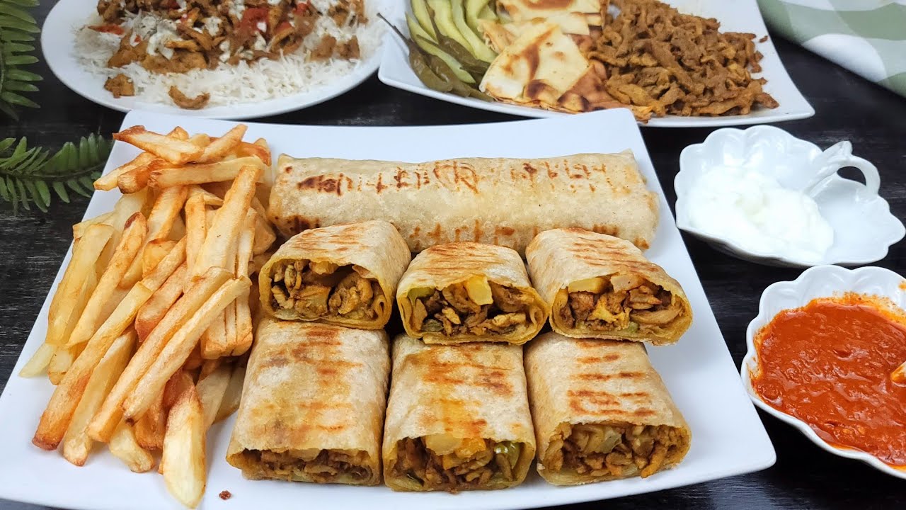 طبخ مائده كاملة شاورما دجاج + خبز الشاورما + الثومية بأسهل طريقة| Chicken shawarma with bread recipe