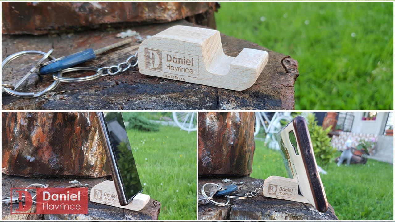 Wood Phone Holder Keychain  - beech wood