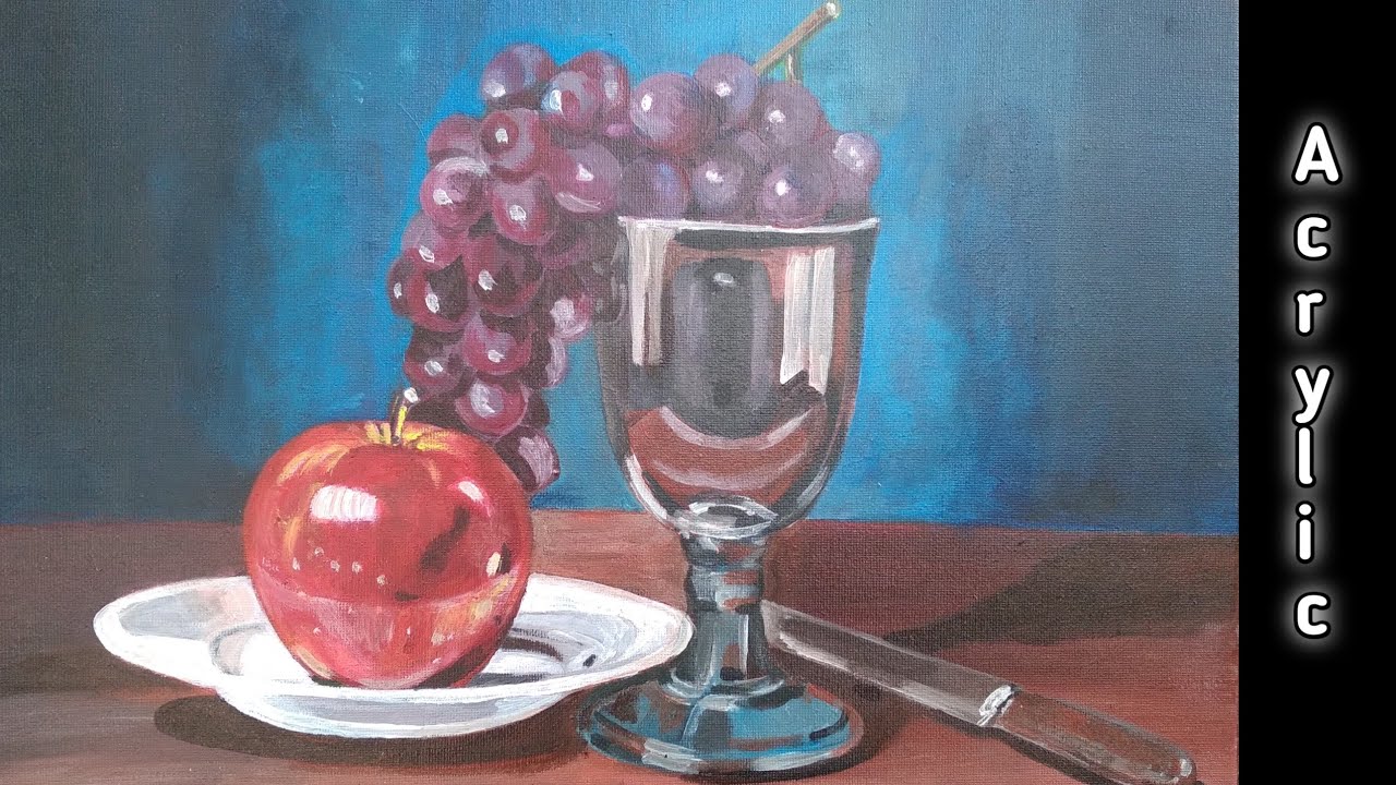 Still Life Acrylic Painting | Apple on plate & Grapes with Cup and Knife | Step-by-Step Art Process