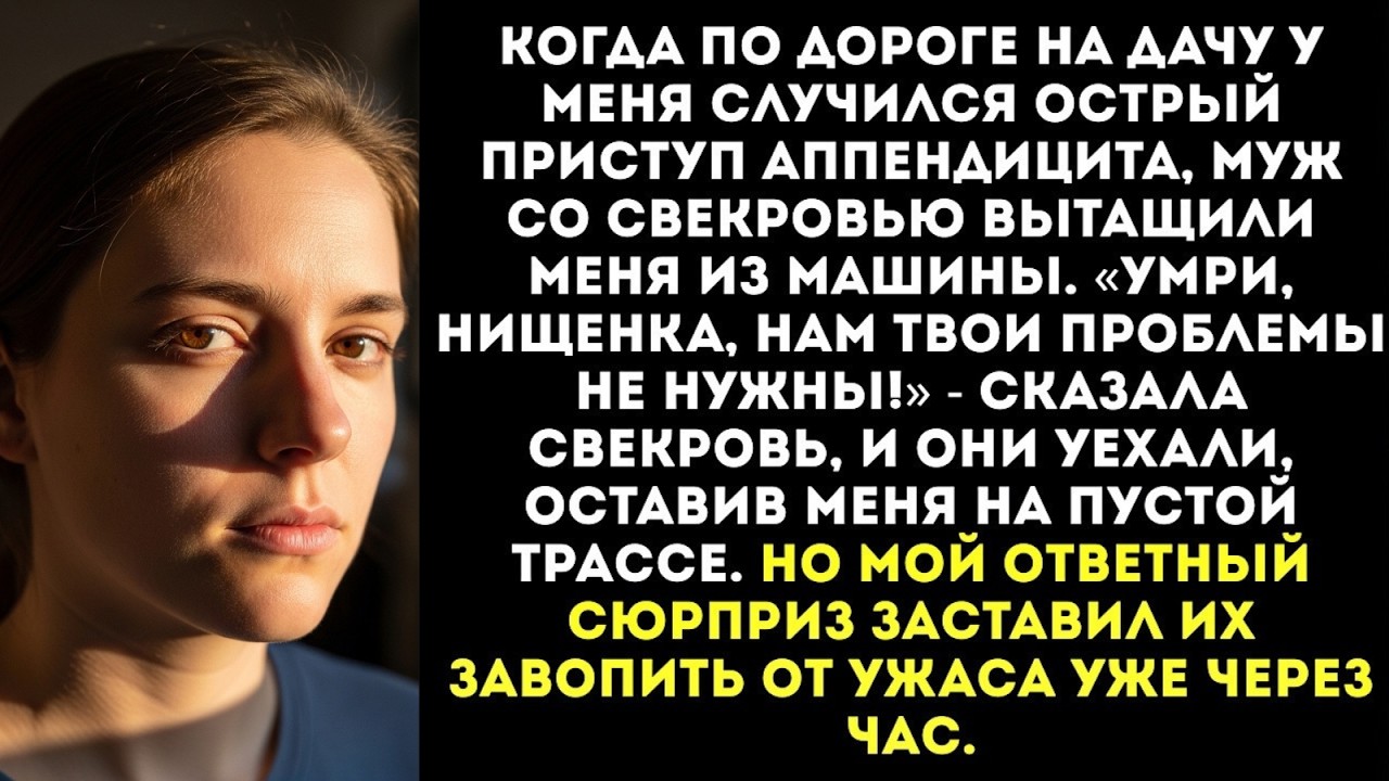 «Умри, нищенка!» — муж со свекровью высадили меня с приступом аппендицита на трассе и уехали.