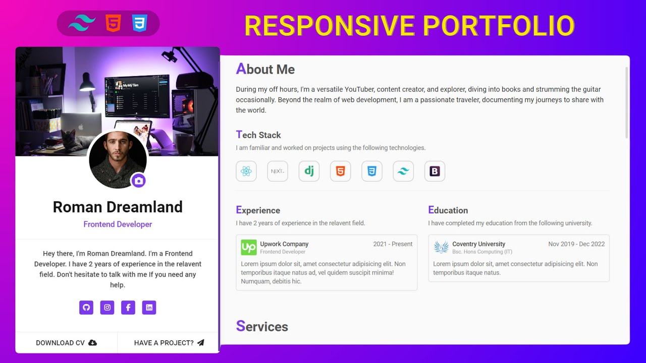 Build a Responsive Modern Portfolio using Tailwind CSS | HTML