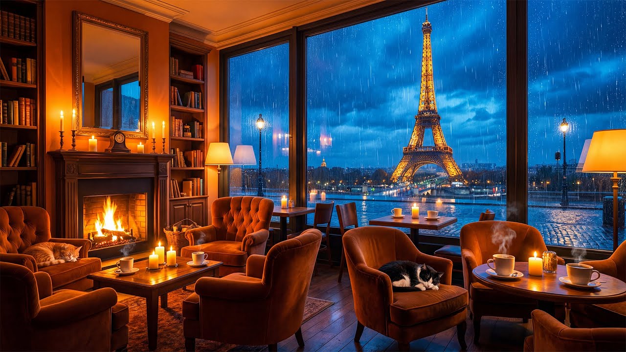 Cozy Paris Cafe ☕ Smooth Jazz, Fireplace & Rain for Relaxing or Studying