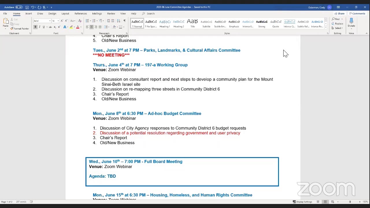 Manhattan Community Board Six - Executive Committee Meeting - 05/20/20