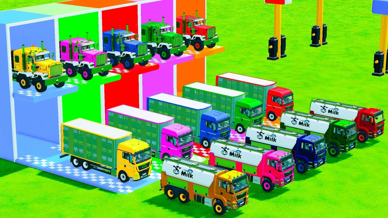 Garage with Colors - ALL MIXER TRUCK WITH DOUBLE FLATBED TRAILER TRUCK, RENAULT, SCANIA, CAT - FS22