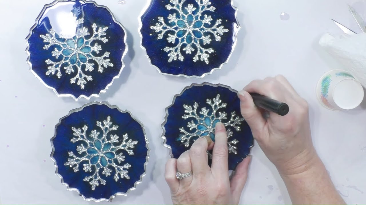 (604) ❄️🔵❄️ BLUE & SILVER SNOWFLAKE RESIN COASTERS ❄️🔵❄️With Sandra Lett 121820