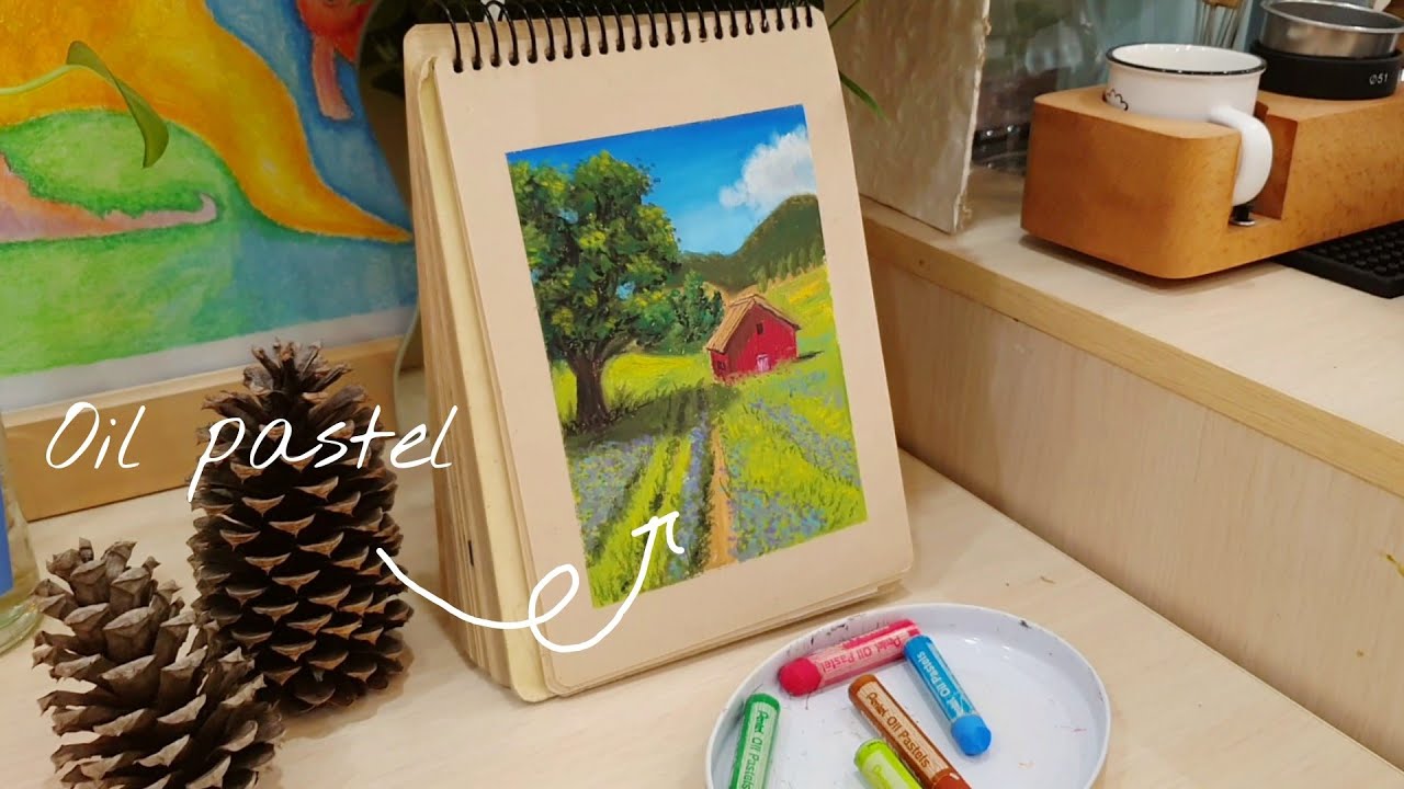 How to Draw a Landscape with Oil Pastels | آموزش نقاشی منظره با پاستل روغنی | کلبه و کوهستان