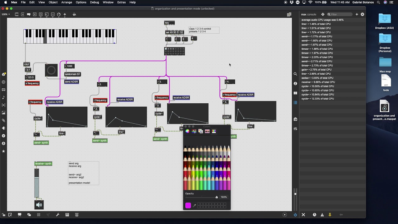 Organization, send, receive and presentation mode in Max/MSP
