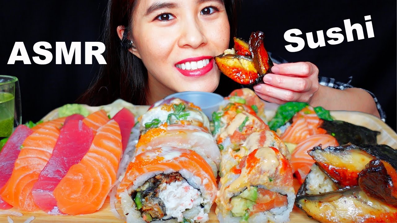 ASMR SUSHI PLATTER *SALMON, TUNA SASHIMI, HANDROLLS, ASSORTED SPECIAL ROLLS MUKBANG 먹방 EATING SOUNDS