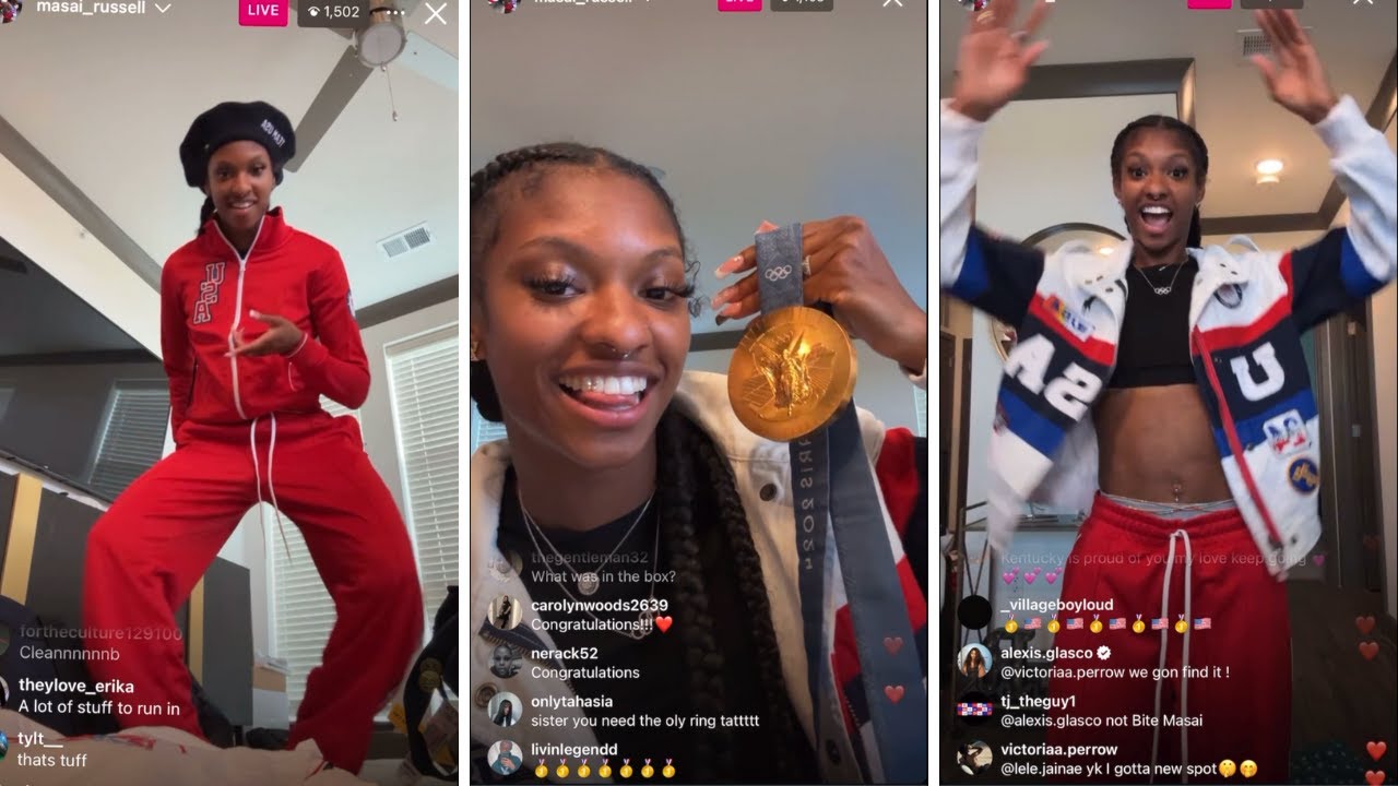 Masai Russell returns home from the Olympics and shows Team USA gear and Gold Medal (IG Live)