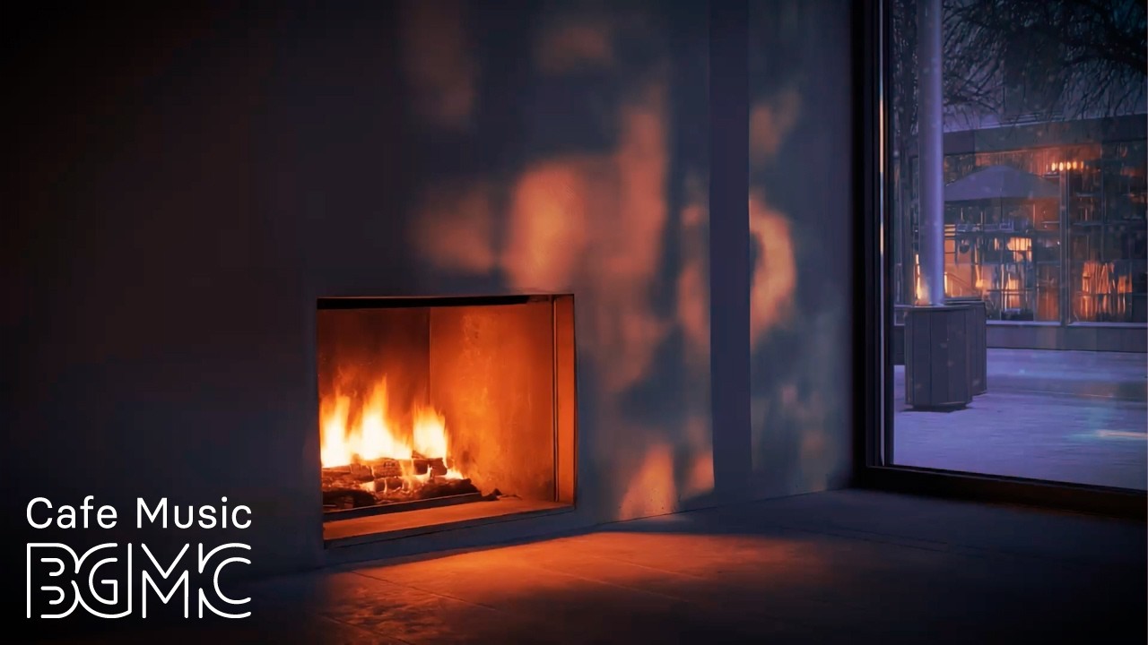 4K Cozy Winter Cafe Ambience ☕ Warm Fireplace Glow + Jazz Piano | Background Music for Focus