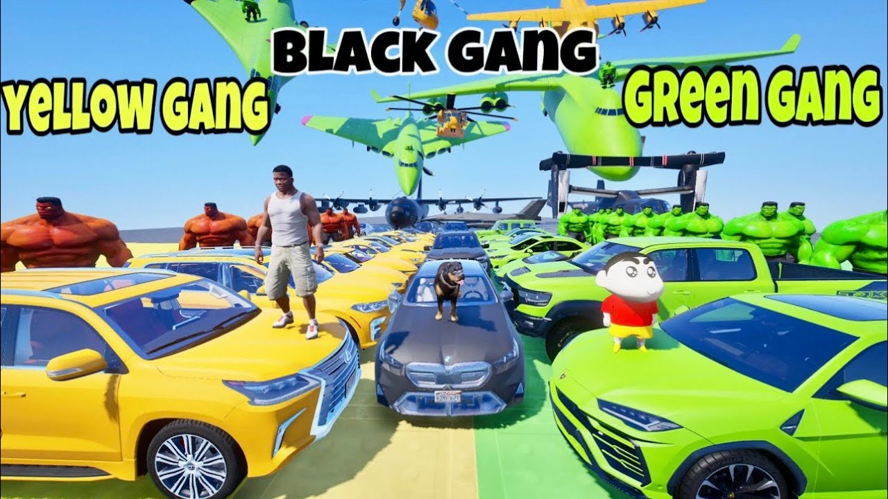 Franklin yellow Gang 🟡 Vs Shinchan blue Gang 🔵 Vs Chop Black Gang 🐈‍⬛ | The Ultimate Cars Collection