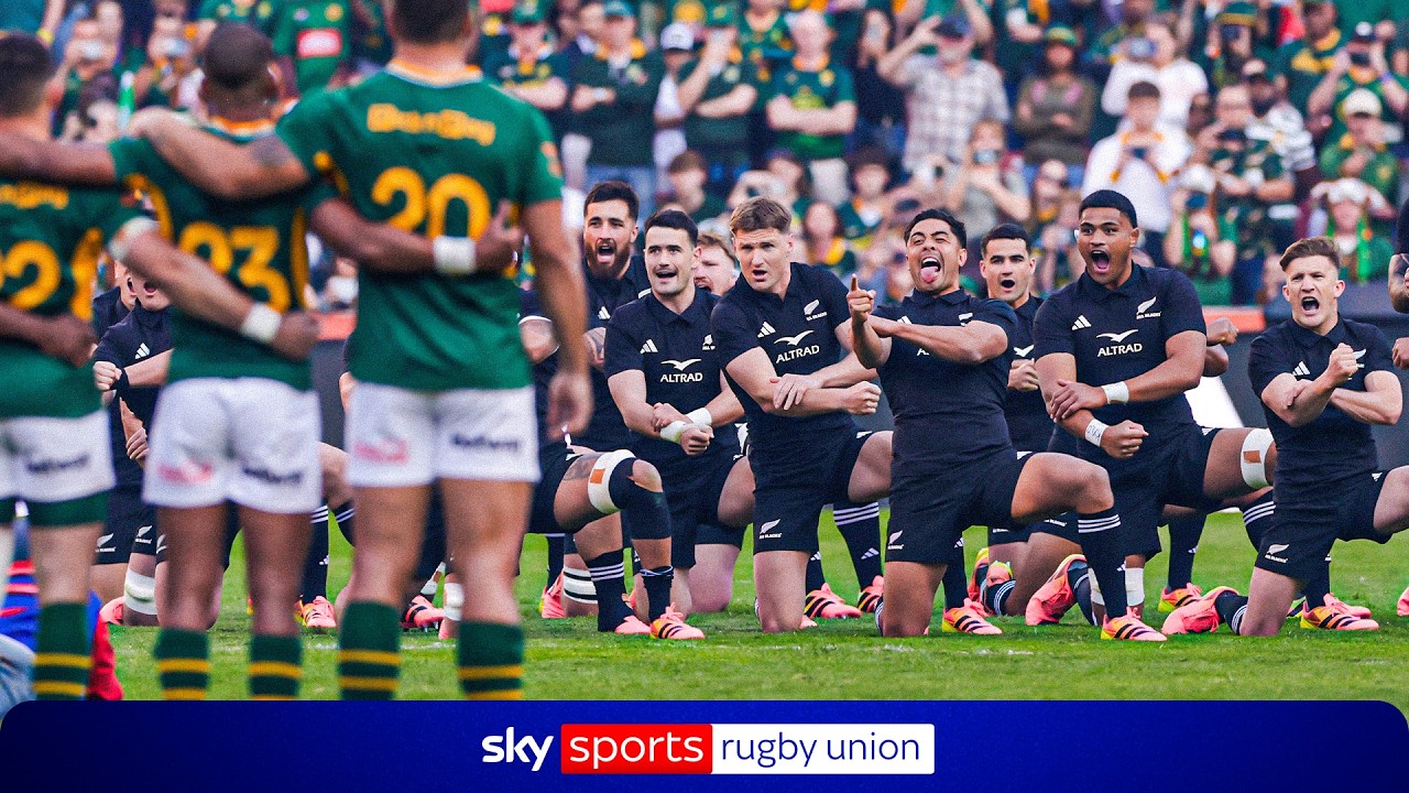 Codie Taylor leads the All Blacks for the Haka against South Africa