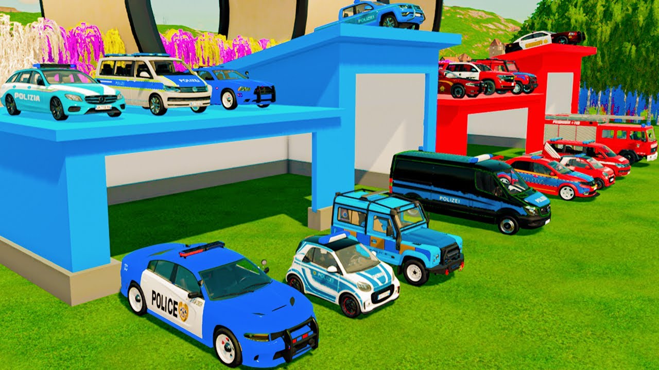 TRANSPORTING CARS, AMBULANCE, POLICE CARS, FIRE TRUCK OF COLORS! WITH TRUCKS! - FS 22