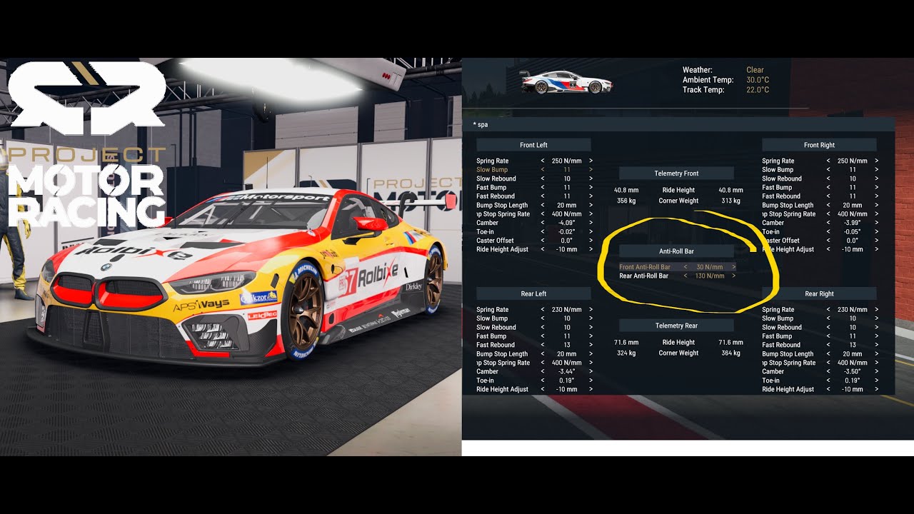 Project motor racing: ARB Anti Roll bars. Setup tutorial and how it affects the car's handling.