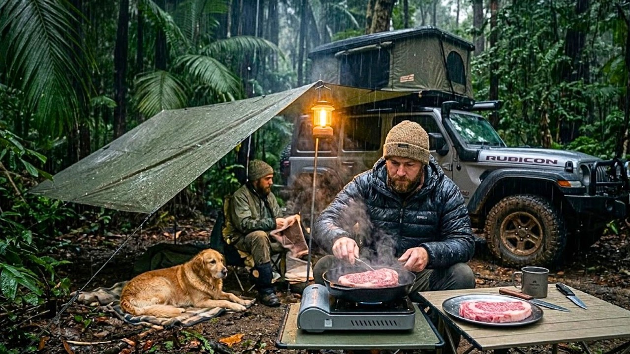 COOKING WAGYU in the WILD [ Solo Jeep Camping, Heavy Rain, Cast Iron, ASMR ]