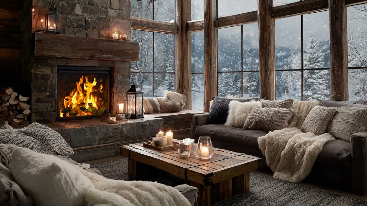 Peaceful Winter Night By The Crackling Fireplace Watching Snow Cover The World Outside
