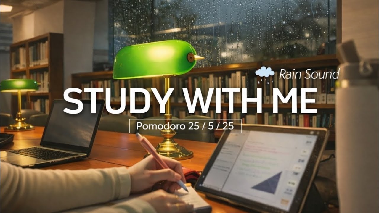 1 Hour Study With Me | Pomodoro 25/5/25 | Rainy Library Ambience📚🌧️