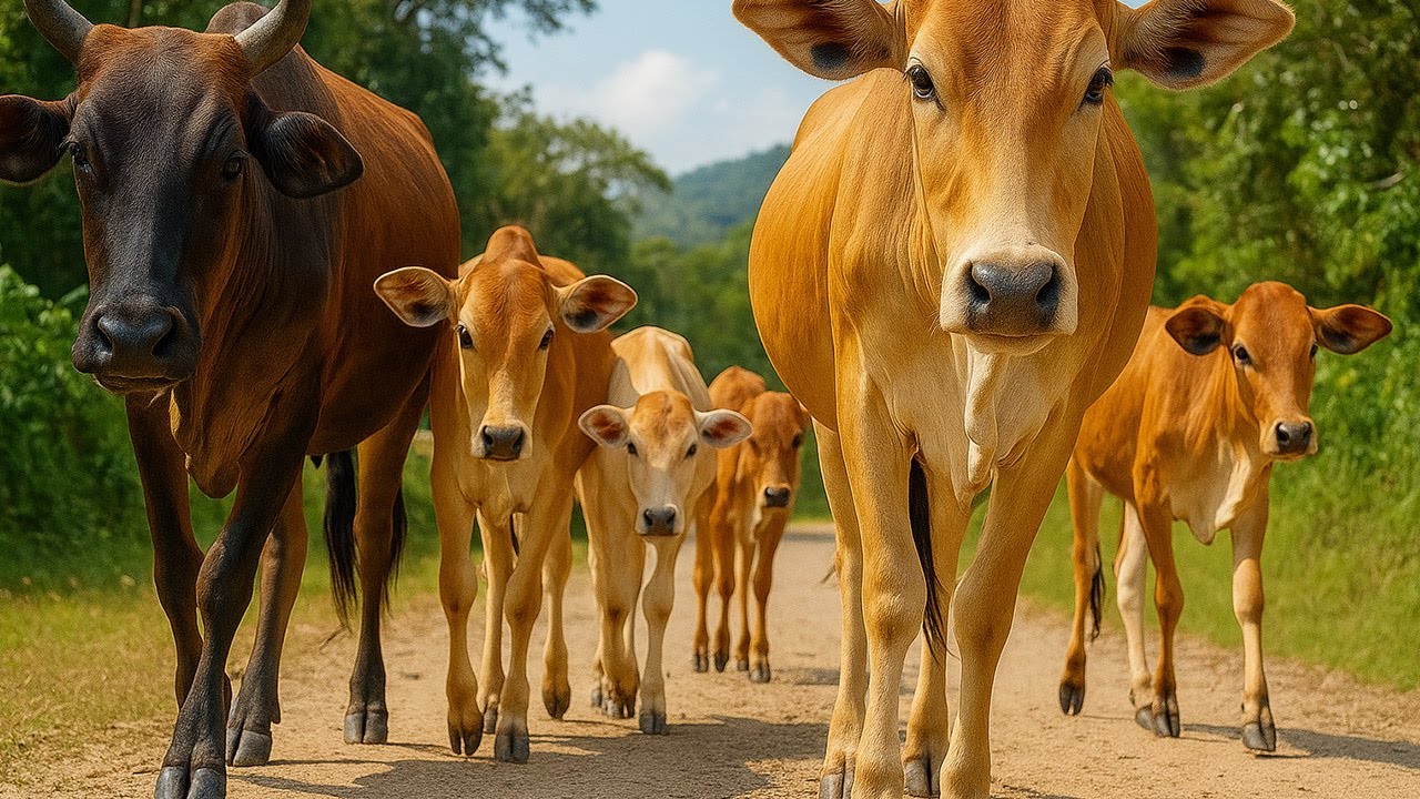 Kerumunan Sapi Lembu berlarian dan melompat di ladang hijau luas, Suara Sapi Moo, Sapi Lucu Di Sawah