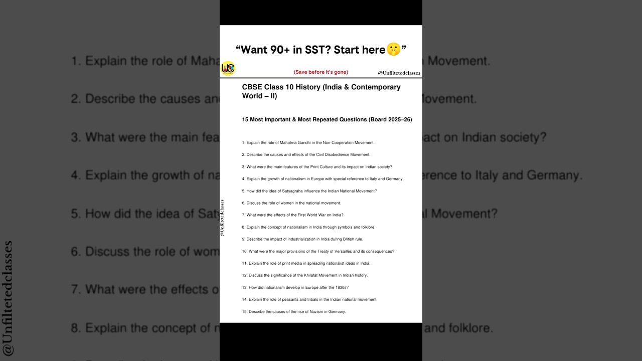 🗣️CLASS 10 HISTORY MOST REPEATED QUESTIONS #shorts #unfilteredclasses