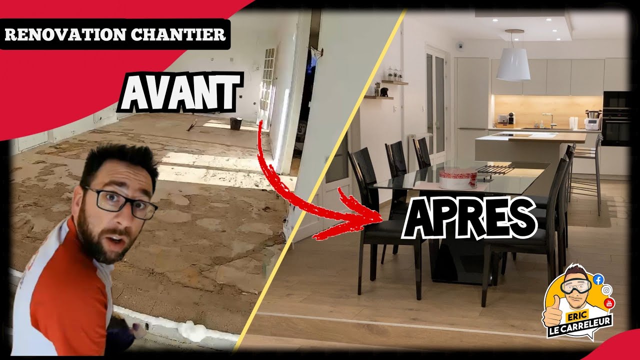 RENOVATION COMPLETE d'un salon et d'une cuisine avec du CARRELAGE imitation parquet !