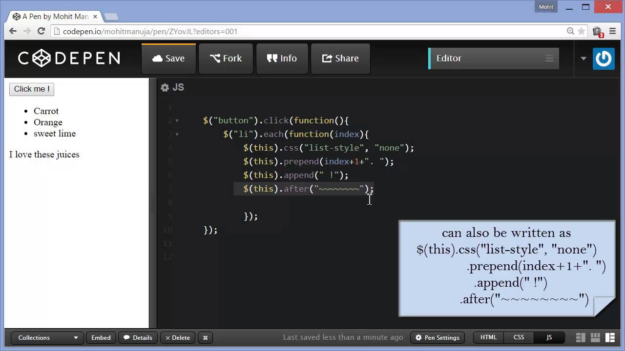 JQuery each, is , before, after, append and prepend events and methods discussed