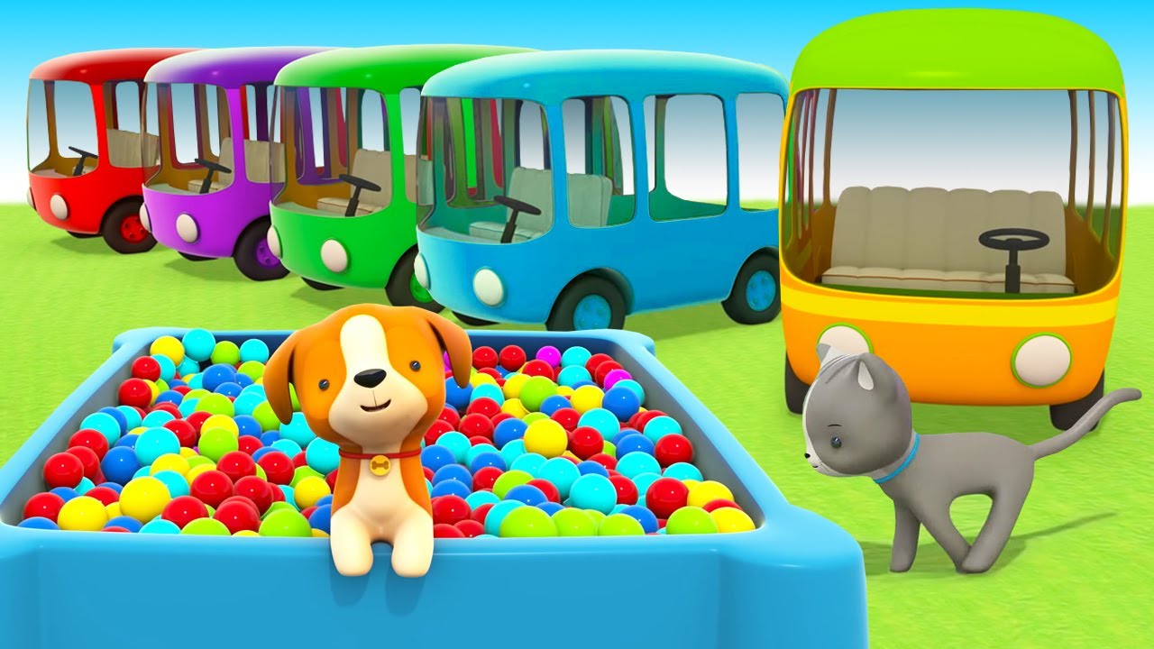 Colorful buses help puppies and kittens get to the playground & other adventures with Helper cars.
