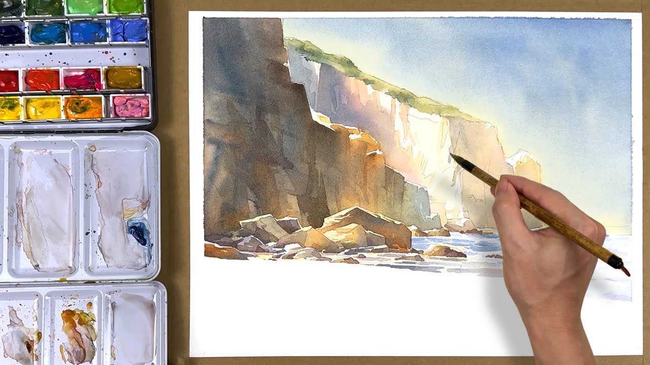 Watercolor Painting of Cliffs and Ocean
