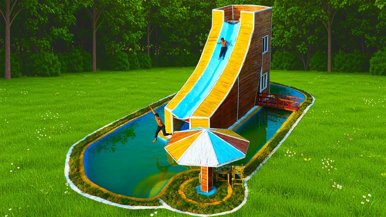 How to Build a 2-Story Bamboo Water Slide Resort with a Swimming Pool & Umbrella! 🌿💦