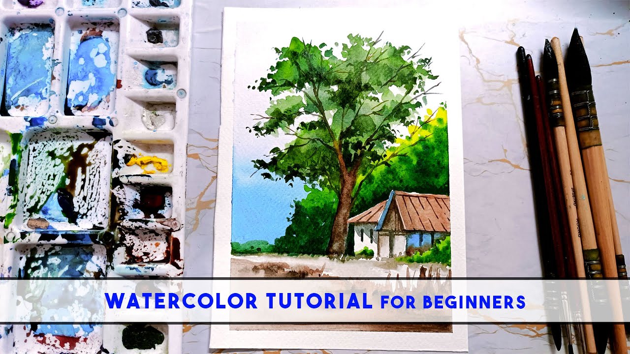 Learn Watercolor Landscape Painting for Beginners (Village & Tree Watercolor Tutorial)
