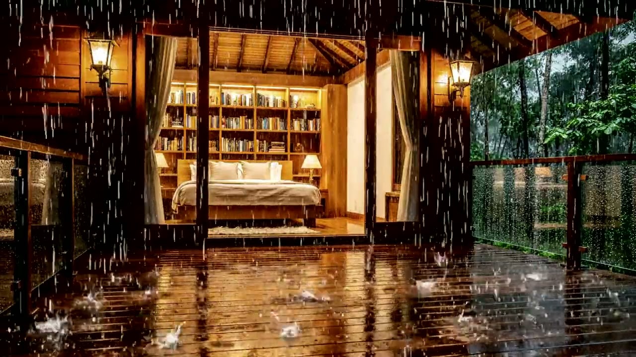 Heavy Rain on Cozy Forest Cabin Deck 🌧️ Relaxing Rain Sounds for Sleep & Study